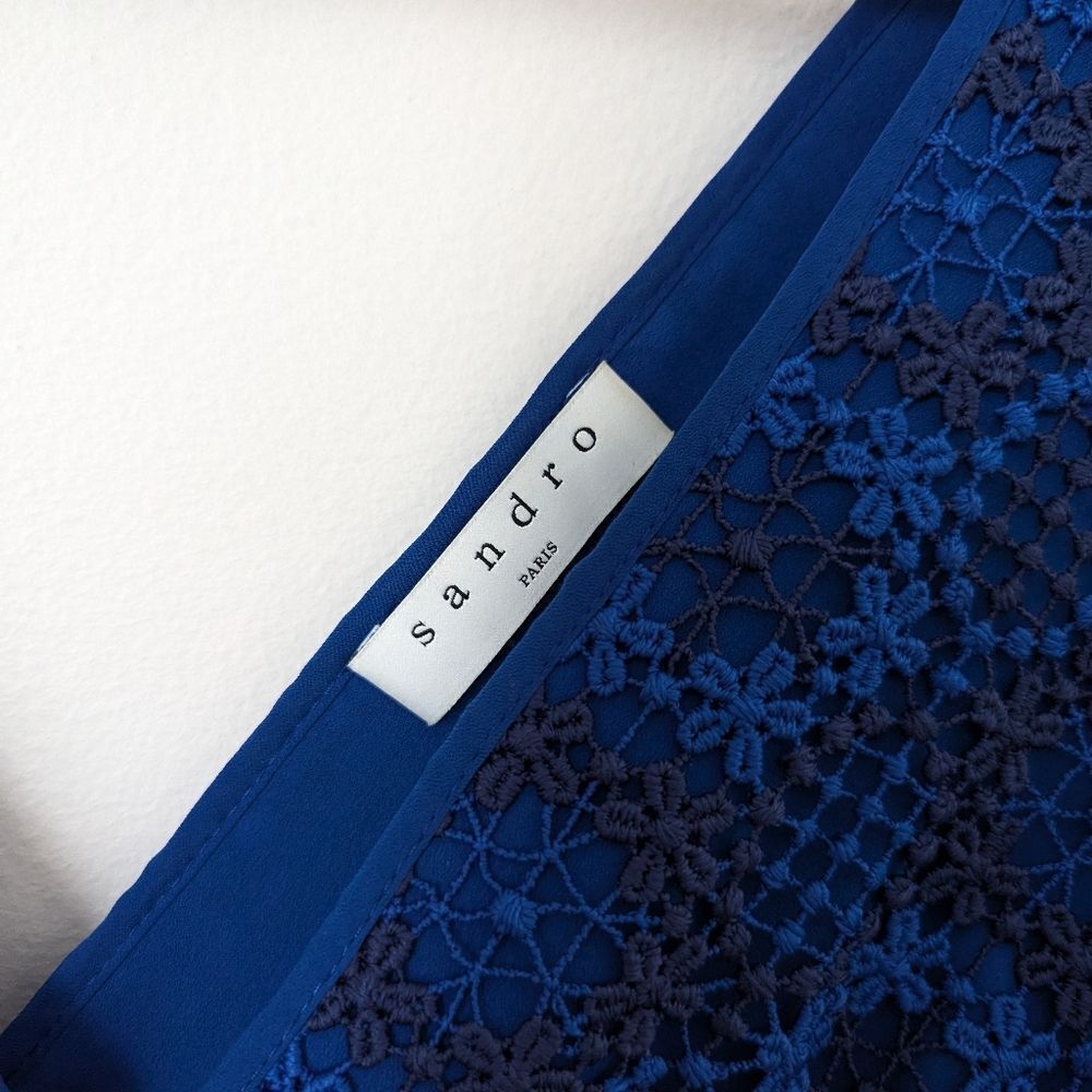 Sandro royal navy blue crochet lace floral cut out waist sleeveless mini dress - Picture 3 of 7